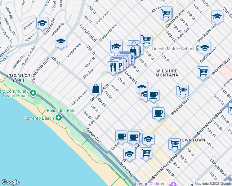 map of restaurants, bars, coffee shops, grocery stores, and more near in Santa Monica