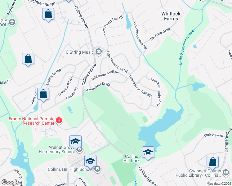 map of restaurants, bars, coffee shops, grocery stores, and more near 2510 Ashbourne Drive Northeast in Lawrenceville