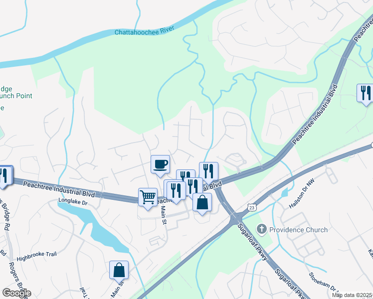 map of restaurants, bars, coffee shops, grocery stores, and more near 3925 Tugaloo River Drive Northwest in Duluth