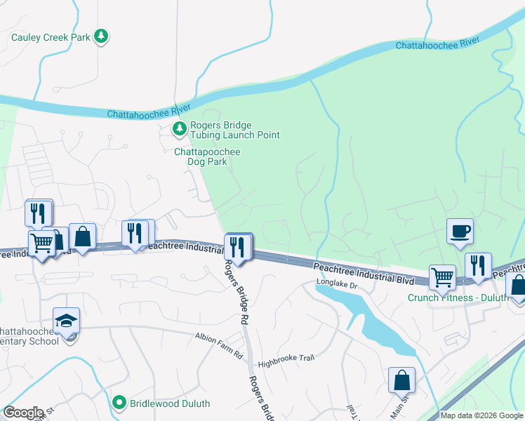 map of restaurants, bars, coffee shops, grocery stores, and more near 2512 Summit Cove Drive in Duluth
