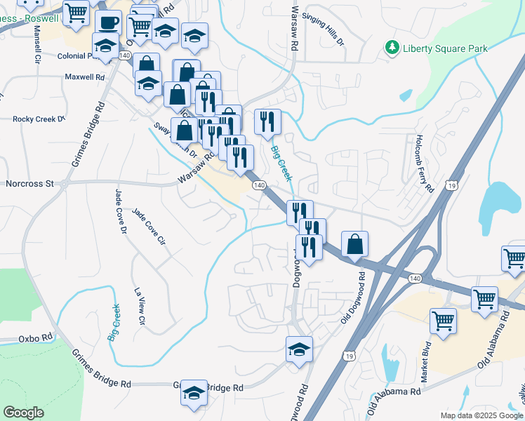 map of restaurants, bars, coffee shops, grocery stores, and more near 2700 Riverwood Lane in Roswell