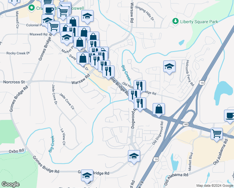 map of restaurants, bars, coffee shops, grocery stores, and more near 2700 Riverwood Lane in Roswell