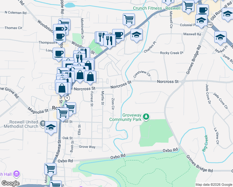 map of restaurants, bars, coffee shops, grocery stores, and more near 119 Courtyard Terrace in Roswell