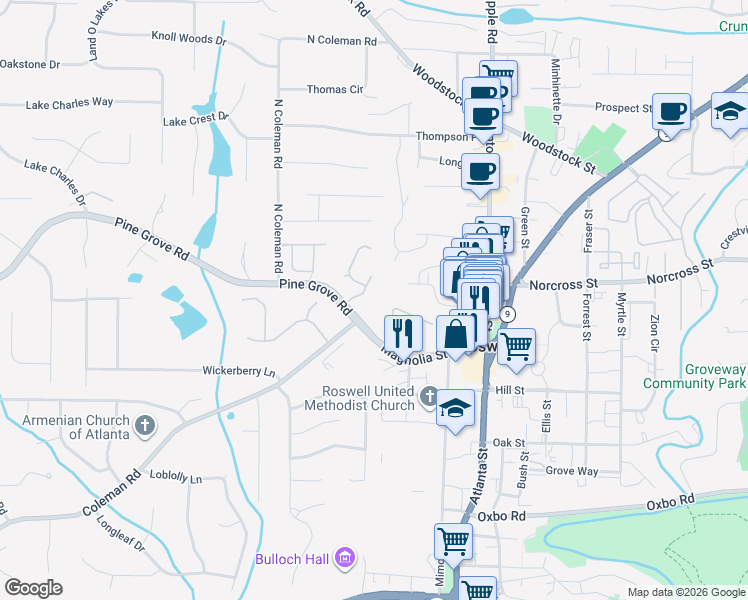 map of restaurants, bars, coffee shops, grocery stores, and more near 7764 Georgetown Chase in Roswell