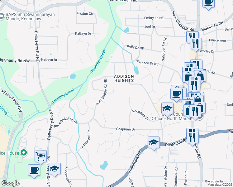map of restaurants, bars, coffee shops, grocery stores, and more near 356 Timber Way East in Marietta