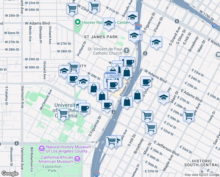 map of restaurants, bars, coffee shops, grocery stores, and more near 3015 South Figueroa Street in Los Angeles