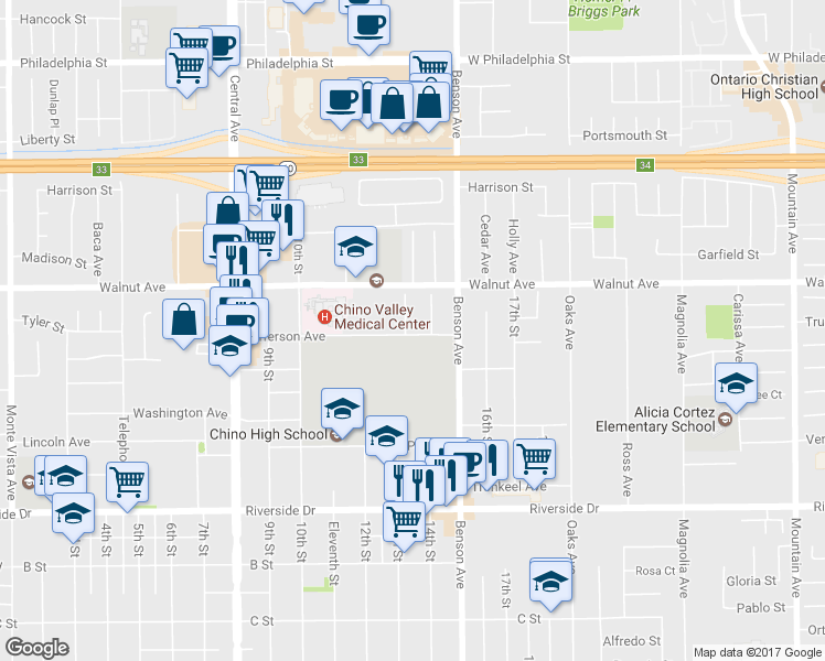 map of restaurants, bars, coffee shops, grocery stores, and more near 12579 Jacaranda Place in Chino