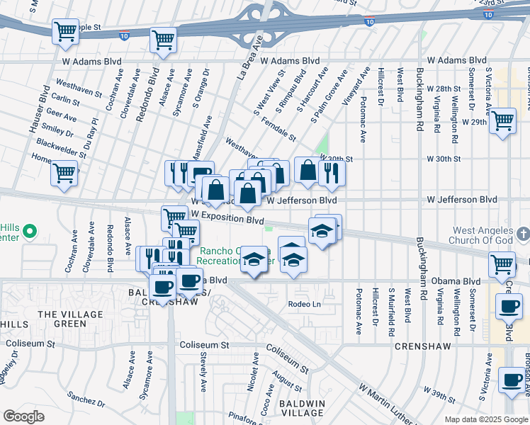 map of restaurants, bars, coffee shops, grocery stores, and more near 4841 West Exposition Boulevard in Los Angeles