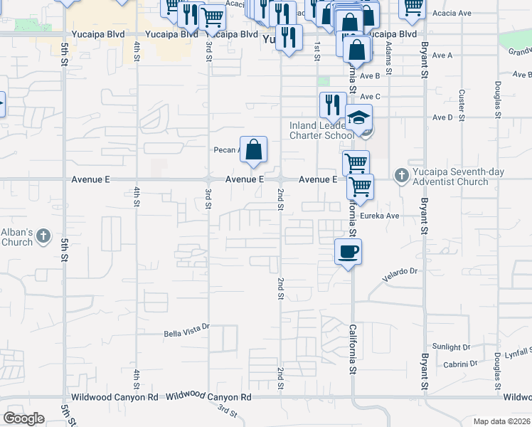 map of restaurants, bars, coffee shops, grocery stores, and more near 12622 2nd Street in Yucaipa
