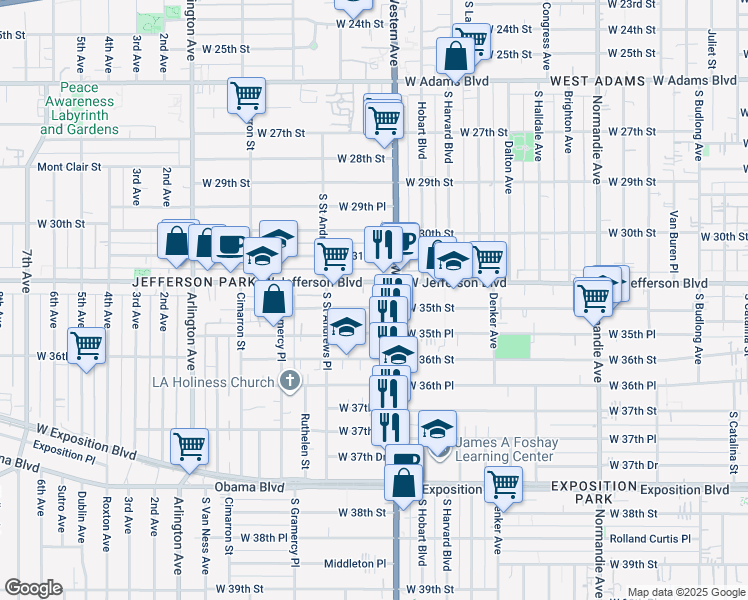map of restaurants, bars, coffee shops, grocery stores, and more near 1729 West 35th Street in Los Angeles