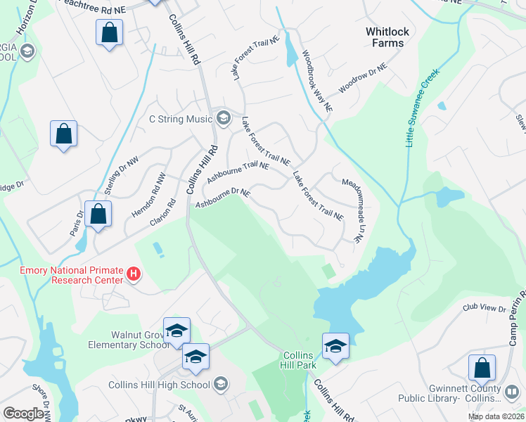 map of restaurants, bars, coffee shops, grocery stores, and more near 2510 Ashbourne Drive Northeast in Lawrenceville