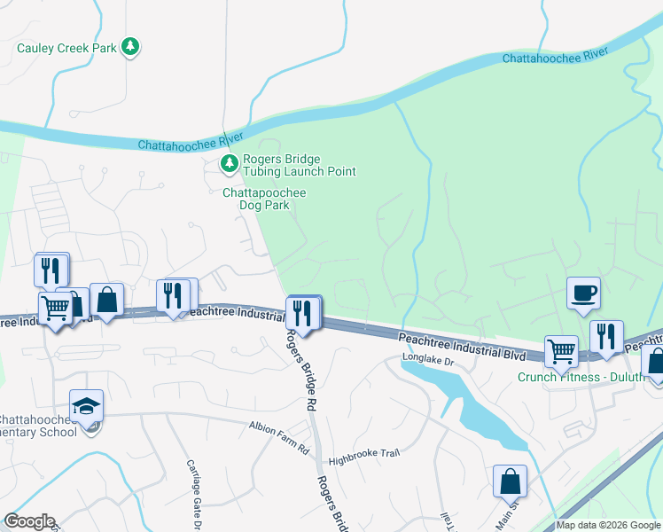 map of restaurants, bars, coffee shops, grocery stores, and more near 2512 Summit Cove Drive in Duluth