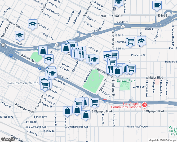 map of restaurants, bars, coffee shops, grocery stores, and more near 935 Esperanza Street in Los Angeles