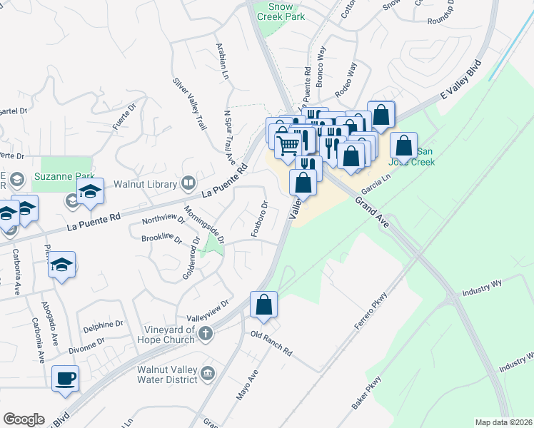 map of restaurants, bars, coffee shops, grocery stores, and more near 350 Foxboro Drive in Walnut