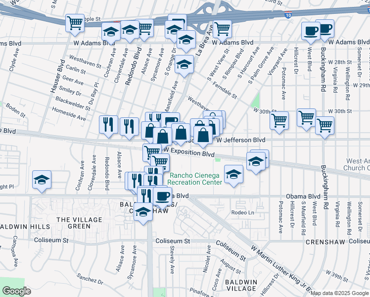 map of restaurants, bars, coffee shops, grocery stores, and more near 5021 West Exposition Boulevard in Los Angeles