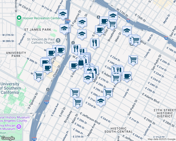 map of restaurants, bars, coffee shops, grocery stores, and more near 2671 South Broadway in Los Angeles