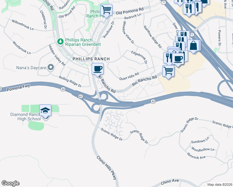 map of restaurants, bars, coffee shops, grocery stores, and more near 26 Blackbird Lane in Pomona