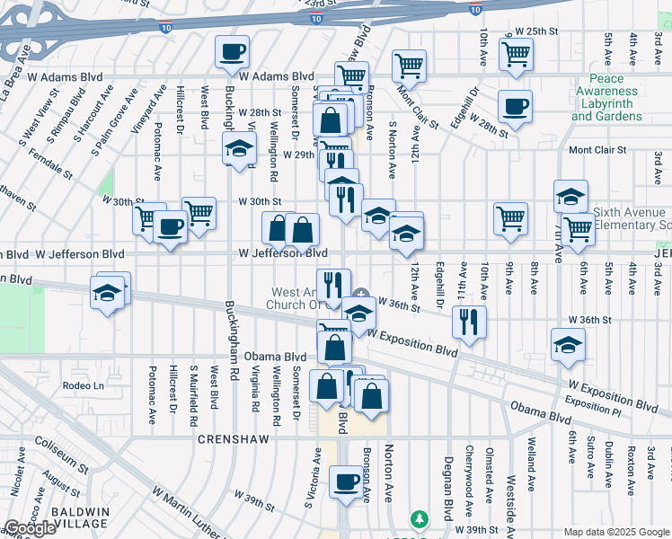 map of restaurants, bars, coffee shops, grocery stores, and more near in Los Angeles