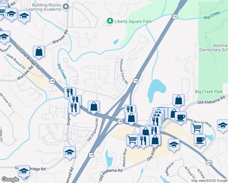 map of restaurants, bars, coffee shops, grocery stores, and more near 136 Old Ferry Way in Roswell