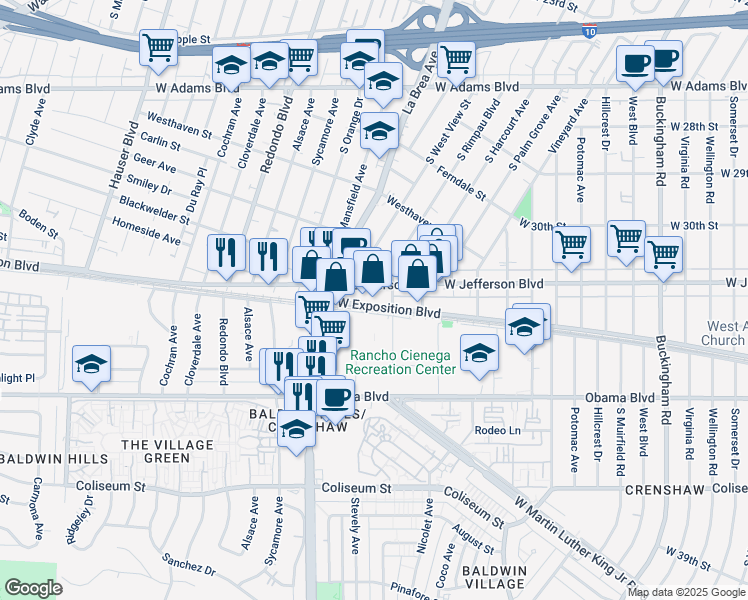 map of restaurants, bars, coffee shops, grocery stores, and more near 5021 West Exposition Boulevard in Los Angeles