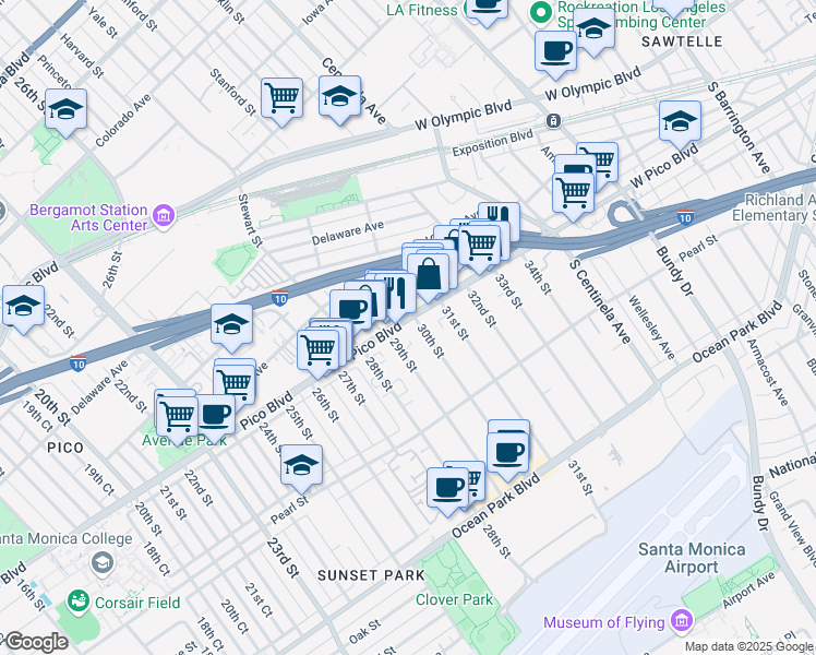 map of restaurants, bars, coffee shops, grocery stores, and more near 2308 30th Street in Santa Monica