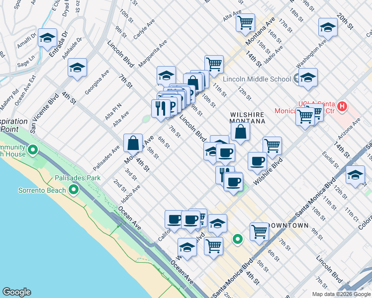 map of restaurants, bars, coffee shops, grocery stores, and more near 914 7th Street in Santa Monica