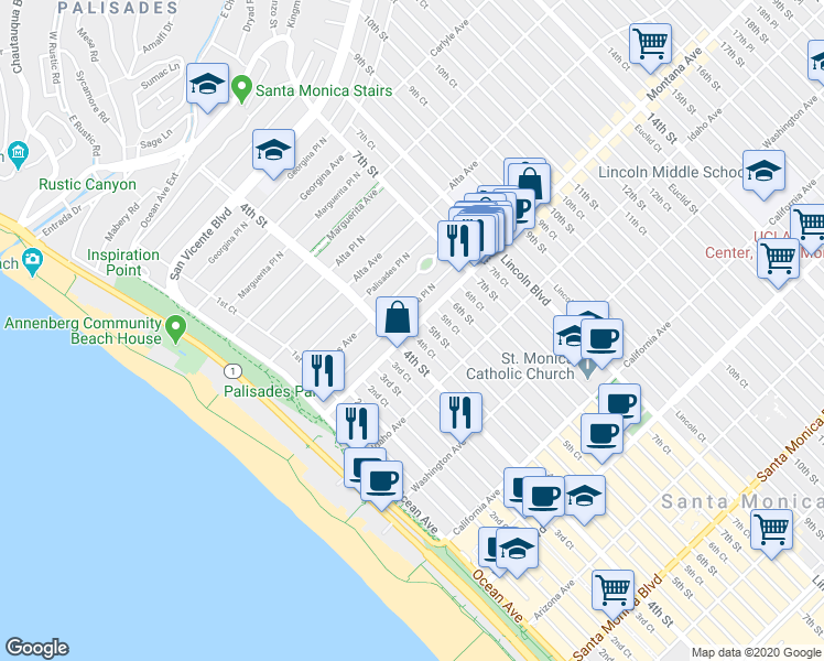 map of restaurants, bars, coffee shops, grocery stores, and more near 424 Montana Avenue in Santa Monica