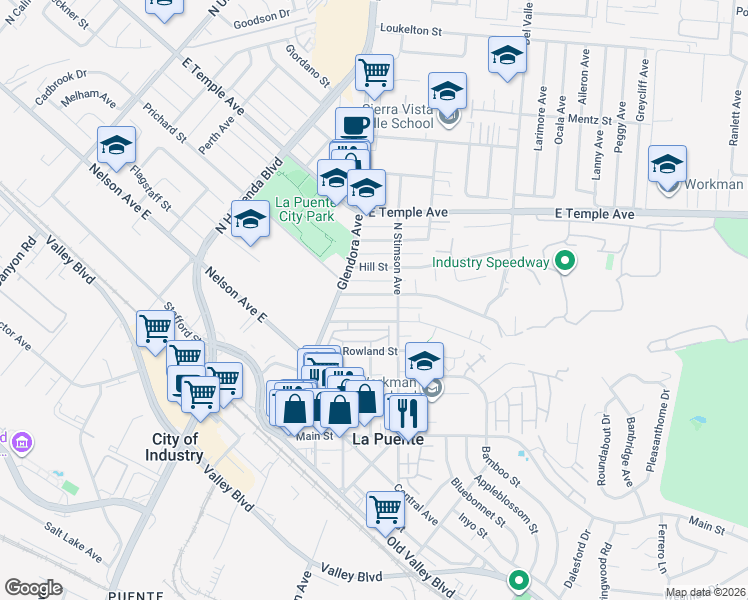 map of restaurants, bars, coffee shops, grocery stores, and more near 15844 San Jose Avenue in La Puente