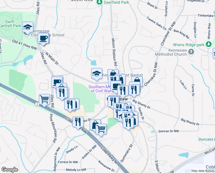 map of restaurants, bars, coffee shops, grocery stores, and more near 2930 Dallas Street in Kennesaw