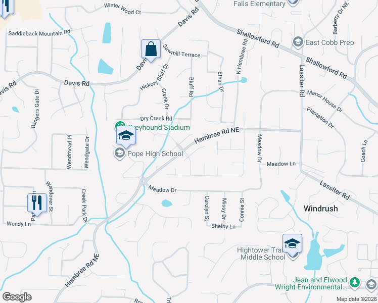 map of restaurants, bars, coffee shops, grocery stores, and more near 3427 Weymouth Court in Marietta