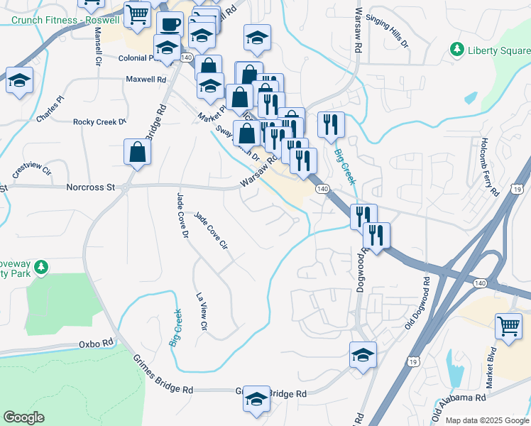 map of restaurants, bars, coffee shops, grocery stores, and more near 6055 Pattingham Dr in Roswell