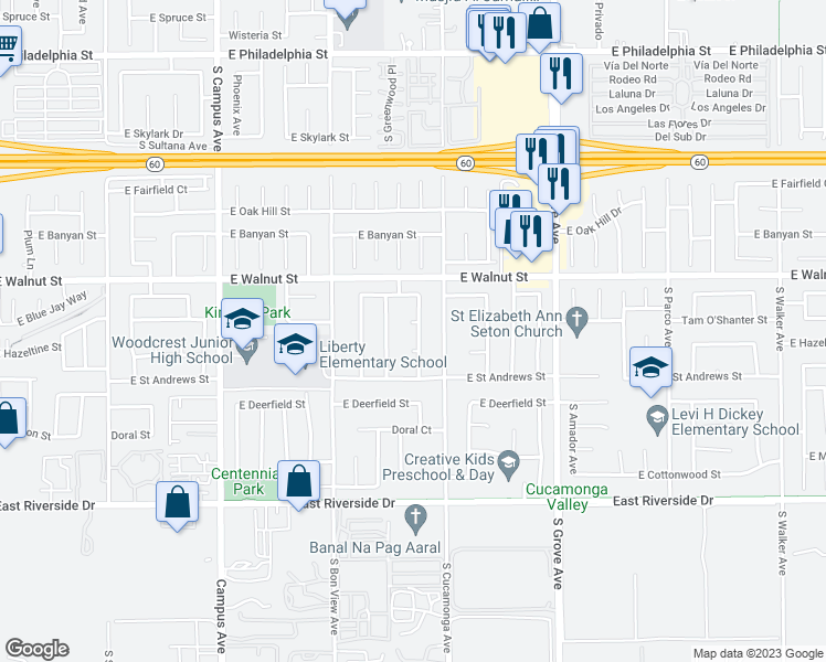 map of restaurants, bars, coffee shops, grocery stores, and more near 1020 East Tam O Shanter Court in Ontario