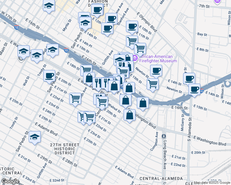map of restaurants, bars, coffee shops, grocery stores, and more near 1319 East Washington Boulevard in Los Angeles