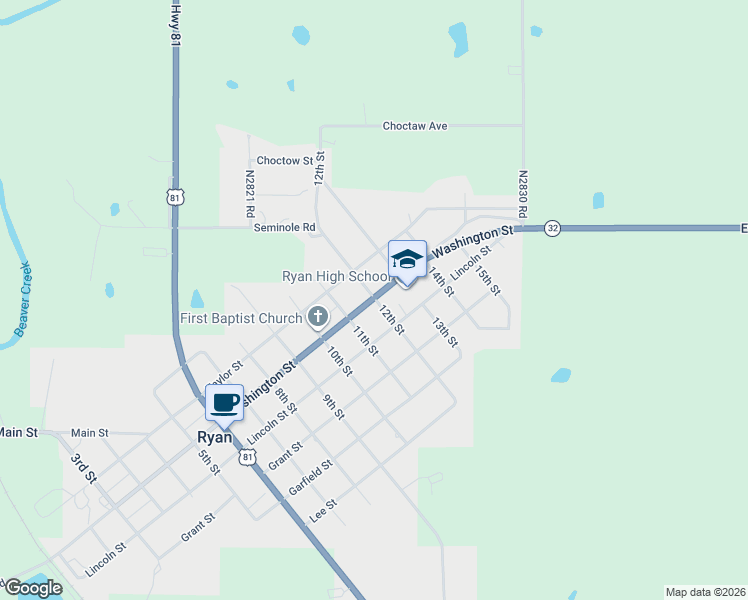 map of restaurants, bars, coffee shops, grocery stores, and more near 1201 Washington Street in Ryan