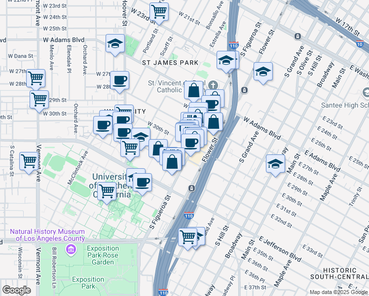 map of restaurants, bars, coffee shops, grocery stores, and more near 633 West 32nd Street in Los Angeles