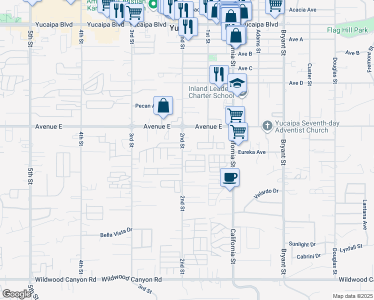 map of restaurants, bars, coffee shops, grocery stores, and more near 12583 2nd Street in Yucaipa