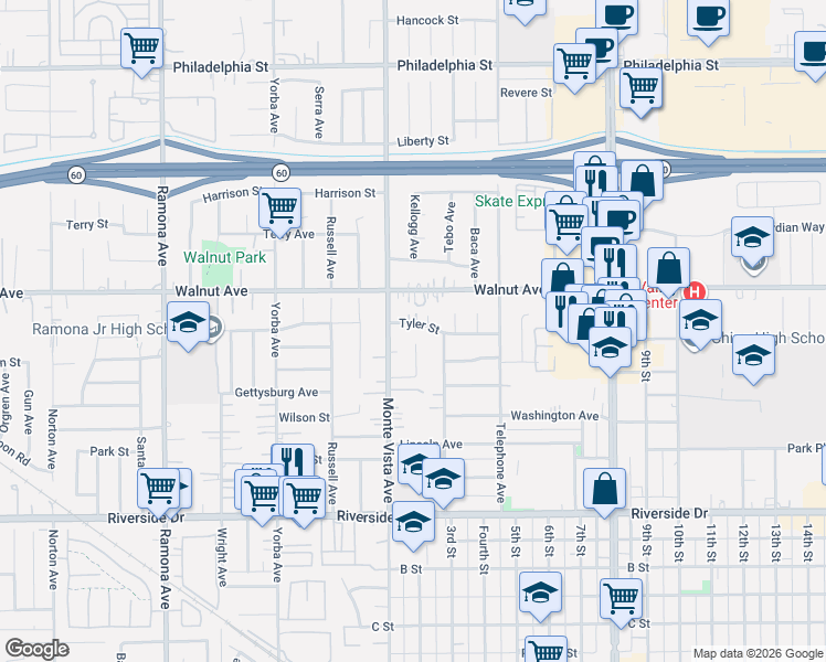 map of restaurants, bars, coffee shops, grocery stores, and more near 4949 Tyler Street in Chino