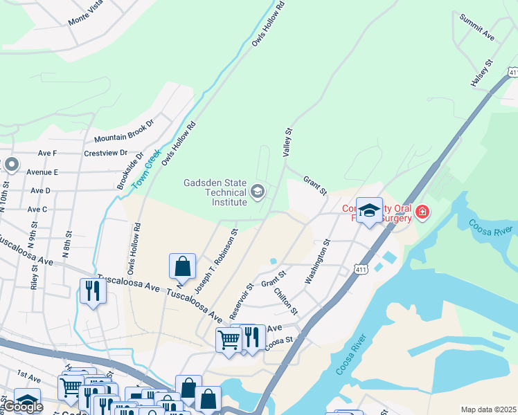 map of restaurants, bars, coffee shops, grocery stores, and more near 600 Valley Street in Gadsden