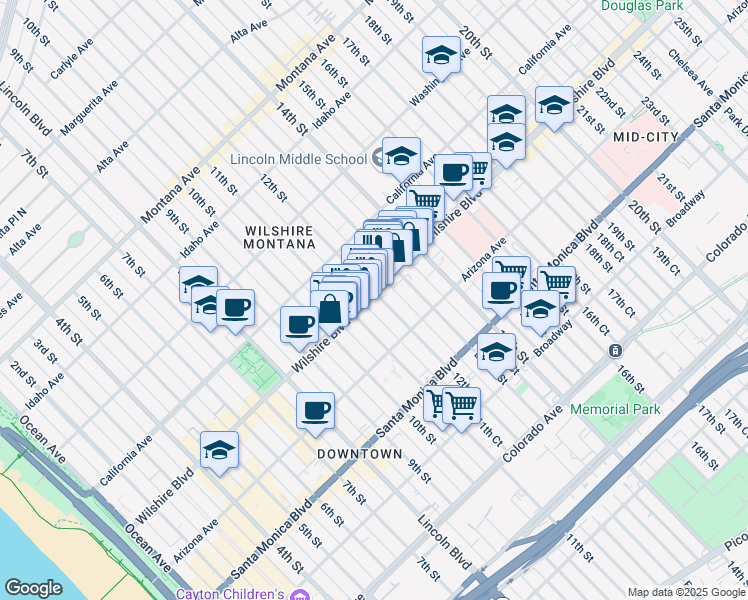map of restaurants, bars, coffee shops, grocery stores, and more near 1110 Wilshire Boulevard in Santa Monica