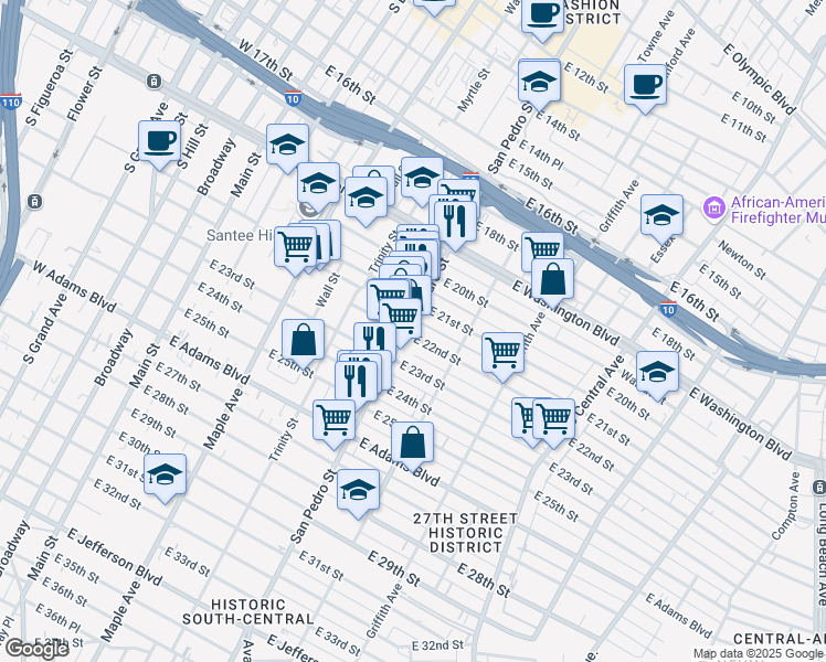 map of restaurants, bars, coffee shops, grocery stores, and more near 746 East 22nd Street in Los Angeles