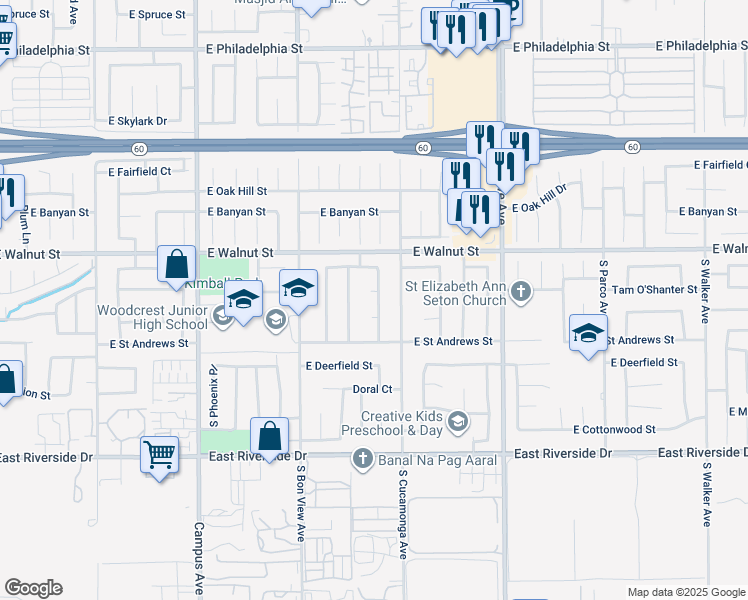 map of restaurants, bars, coffee shops, grocery stores, and more near 1020 East Tam O Shanter Court in Ontario