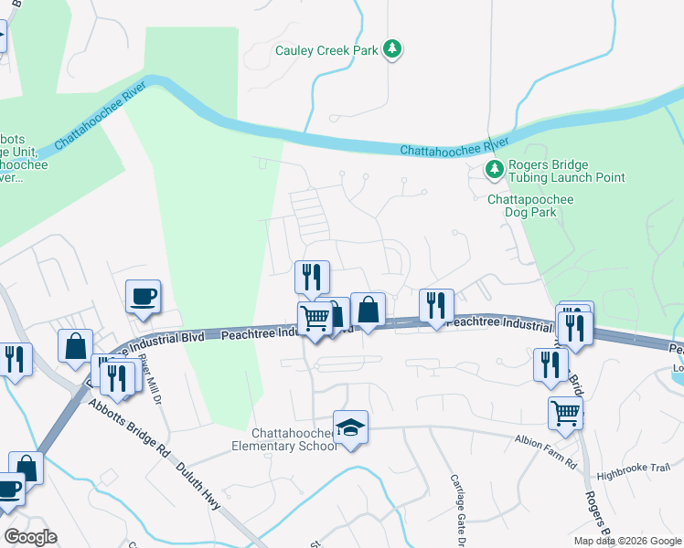 map of restaurants, bars, coffee shops, grocery stores, and more near 2805 Peachtree Industrial Boulevard in Duluth
