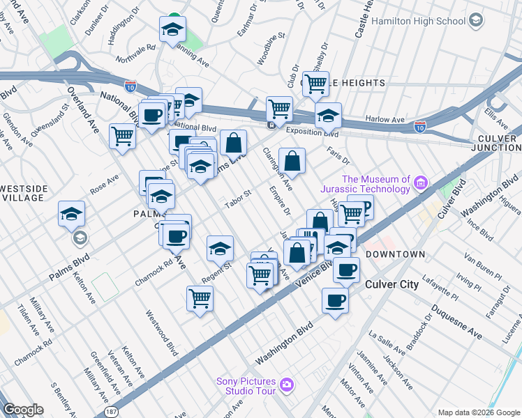 map of restaurants, bars, coffee shops, grocery stores, and more near 3645 Vinton Avenue in Los Angeles
