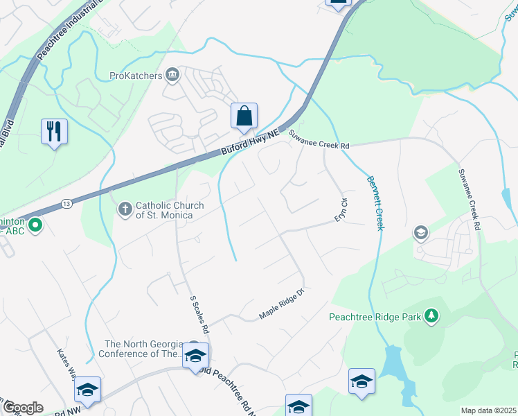 map of restaurants, bars, coffee shops, grocery stores, and more near 1355 Maple Ridge Drive in Suwanee