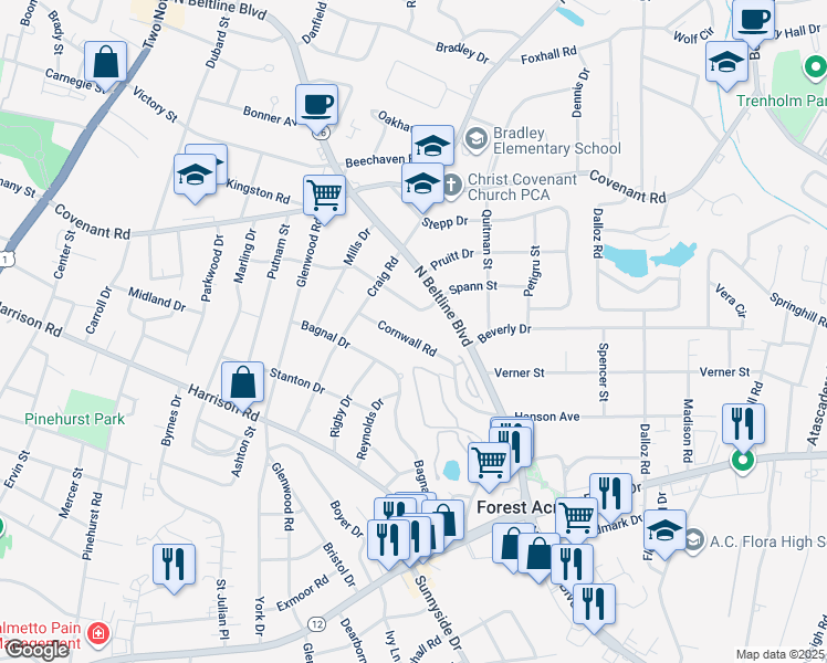map of restaurants, bars, coffee shops, grocery stores, and more near 3209 Cornwall Road in Columbia