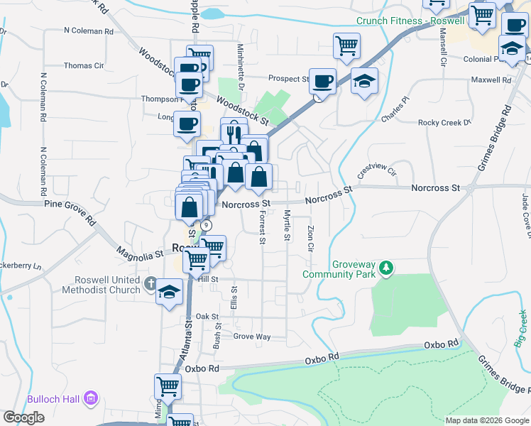 map of restaurants, bars, coffee shops, grocery stores, and more near 953 Forrest Street in Roswell