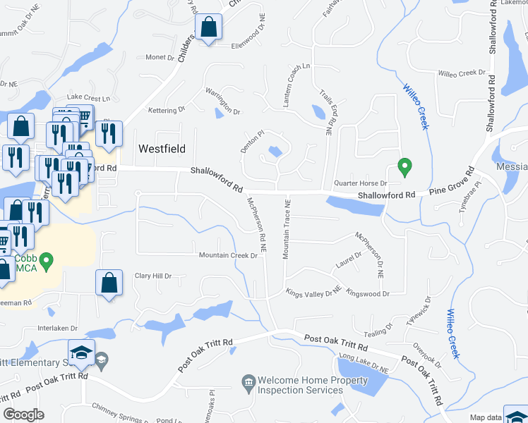 map of restaurants, bars, coffee shops, grocery stores, and more near 4790 Shallowford Road in Roswell