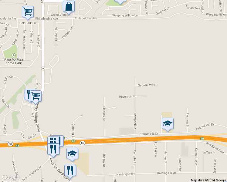 map of restaurants, bars, coffee shops, grocery stores, and more near 3490 Lindsay Street in Riverside