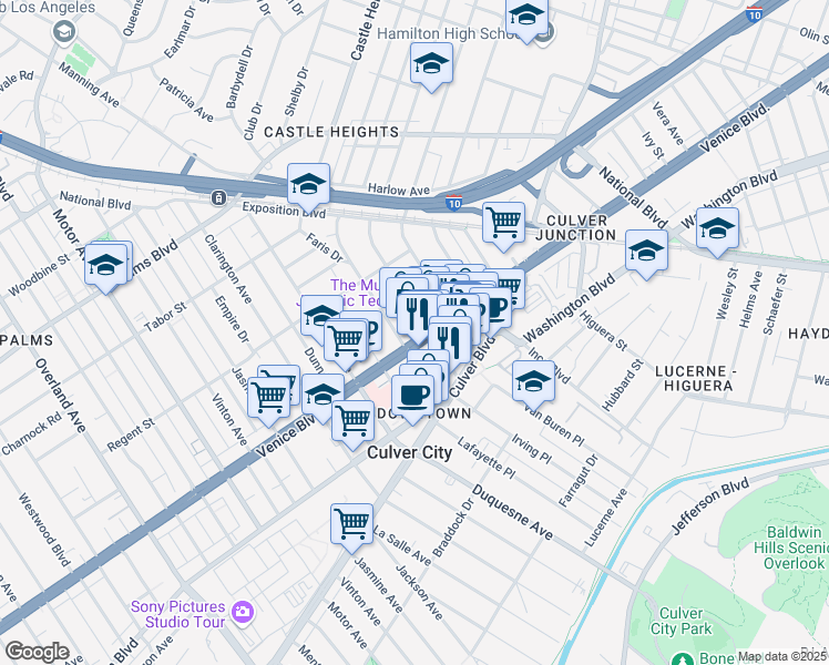 map of restaurants, bars, coffee shops, grocery stores, and more near 9626 Venice Boulevard in Culver City