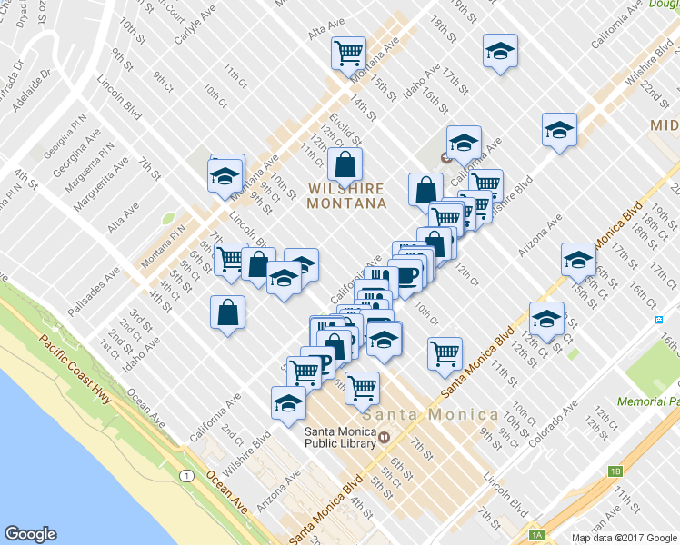 map of restaurants, bars, coffee shops, grocery stores, and more near 1041 9th Street in Santa Monica